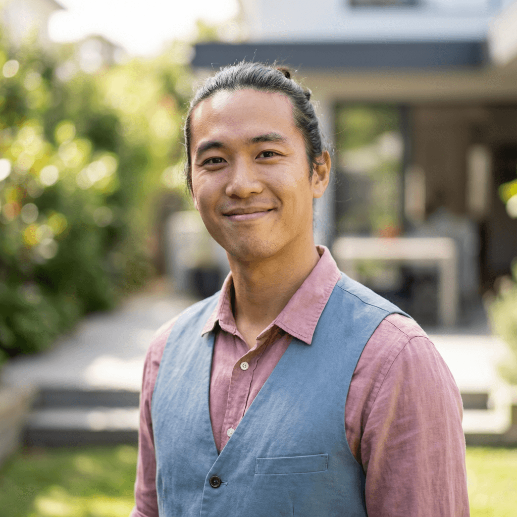 Marcus Chen smiling in a casual shirt outside his home