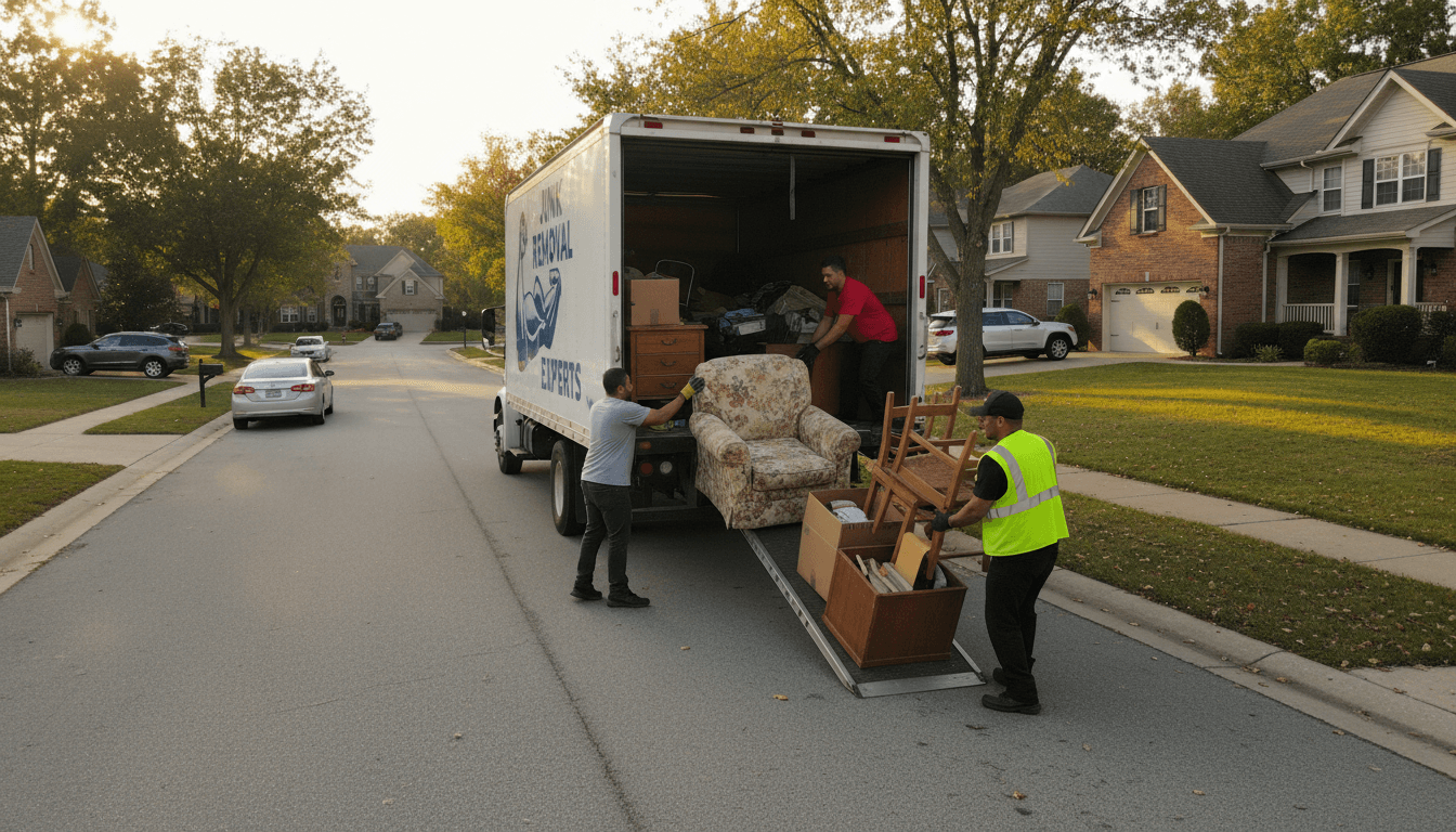 Junk removal team loading furniture into a truck