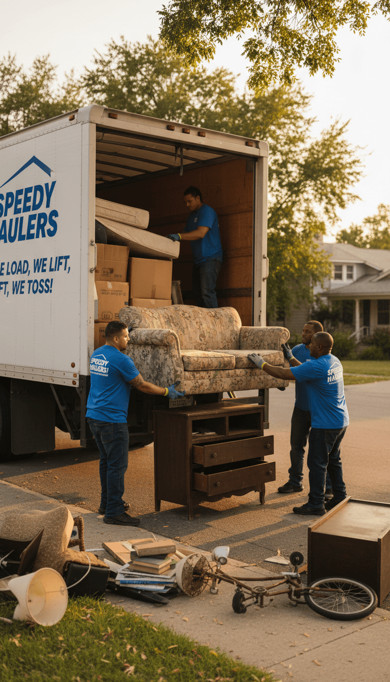 Junk removal team loading furniture into a truck