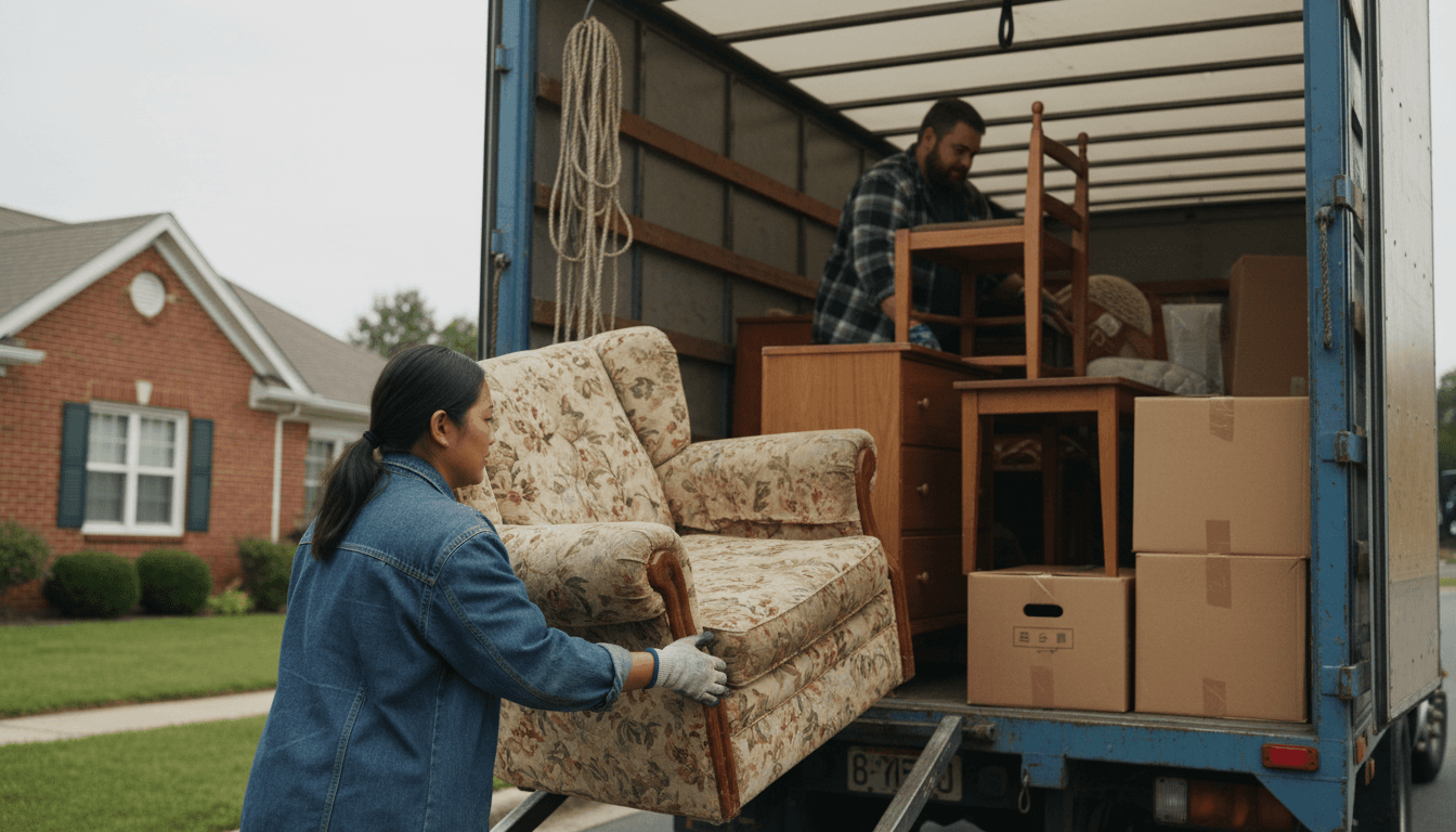 Junk removal team loading a truck with old furniture in a residential driveway