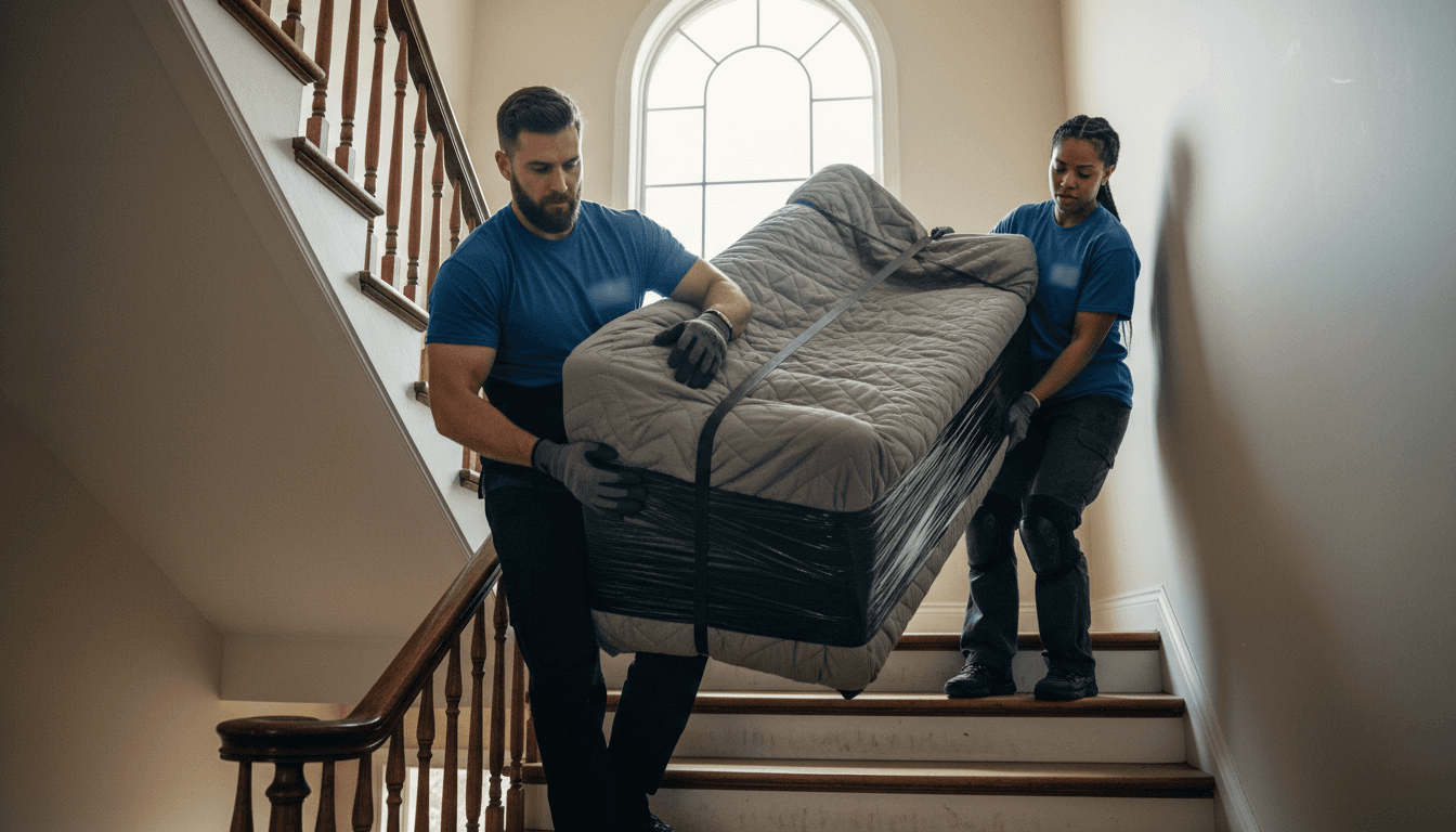 Two movers carrying heavy sofa out of a house