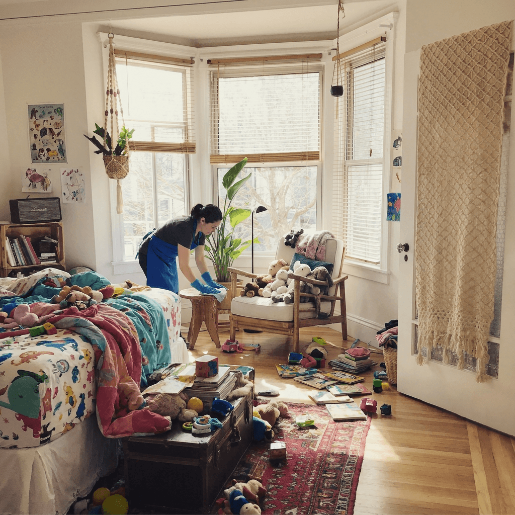 Worker sweeping an empty room after a junk removal cleanup
